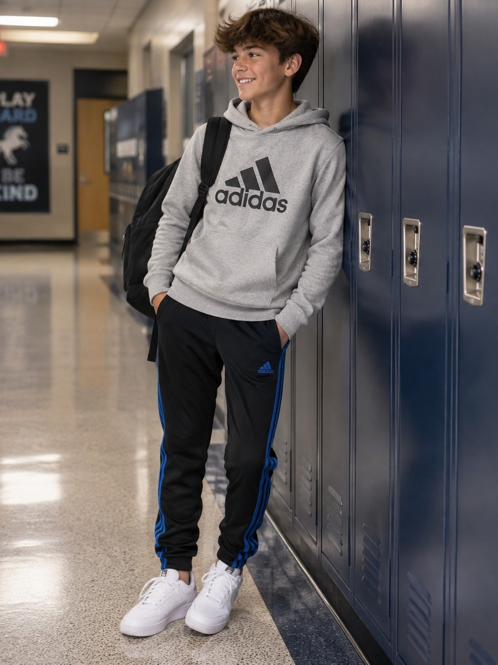Adidas Youth Large 14/16 Black Blue 3 Stripe Track Pants Joggers